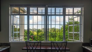 A kitchen with a window overlooking a lush garden. - Sundrift Apartments (Gros Islet)