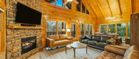 TV connectée, cheminée, jeux vidéo, livres