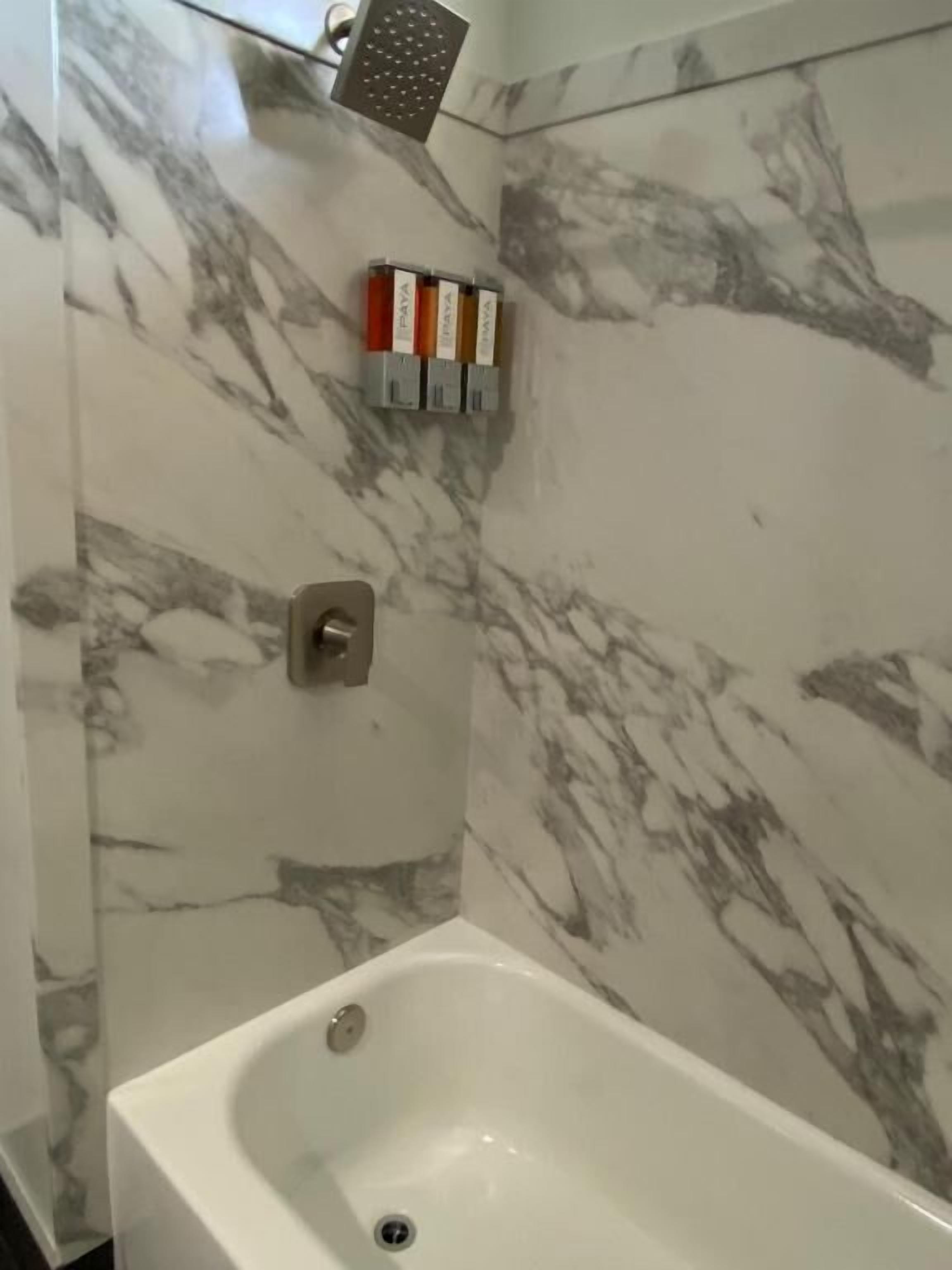 Deluxe vierpersoonskamer, 2 queensize bedden | Badkamer | Een bad, een haardroger, handdoeken