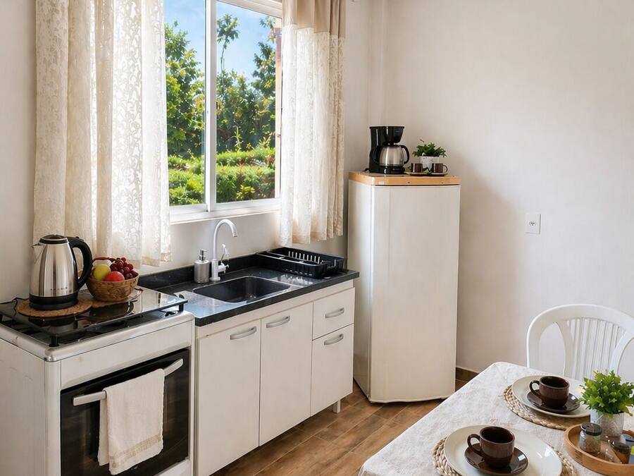 Comfort Apartment, Kitchen, Garden View | Private kitchen | Fridge, microwave, cookware/dishes/utensils