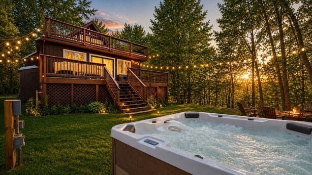 A two-story wooden house with a hot tub in the foreground, surrounded by a well-maintained lawn and trees.
