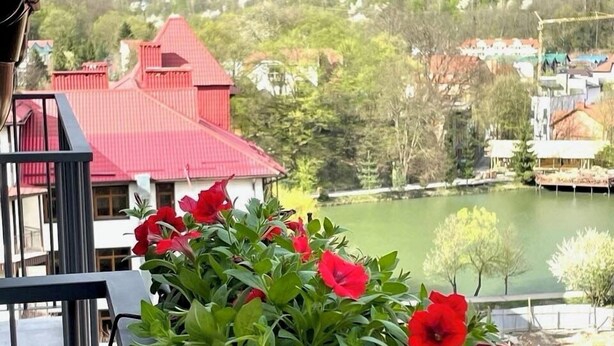 Un balcon orné d’un pot de fleurs rouges, d’où l’on aperçoit un lac, des bâtiments et des montagnes en arrière-plan.
