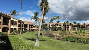 A hotel with multiple-story buildings, a well-maintained lawn, and palm trees.