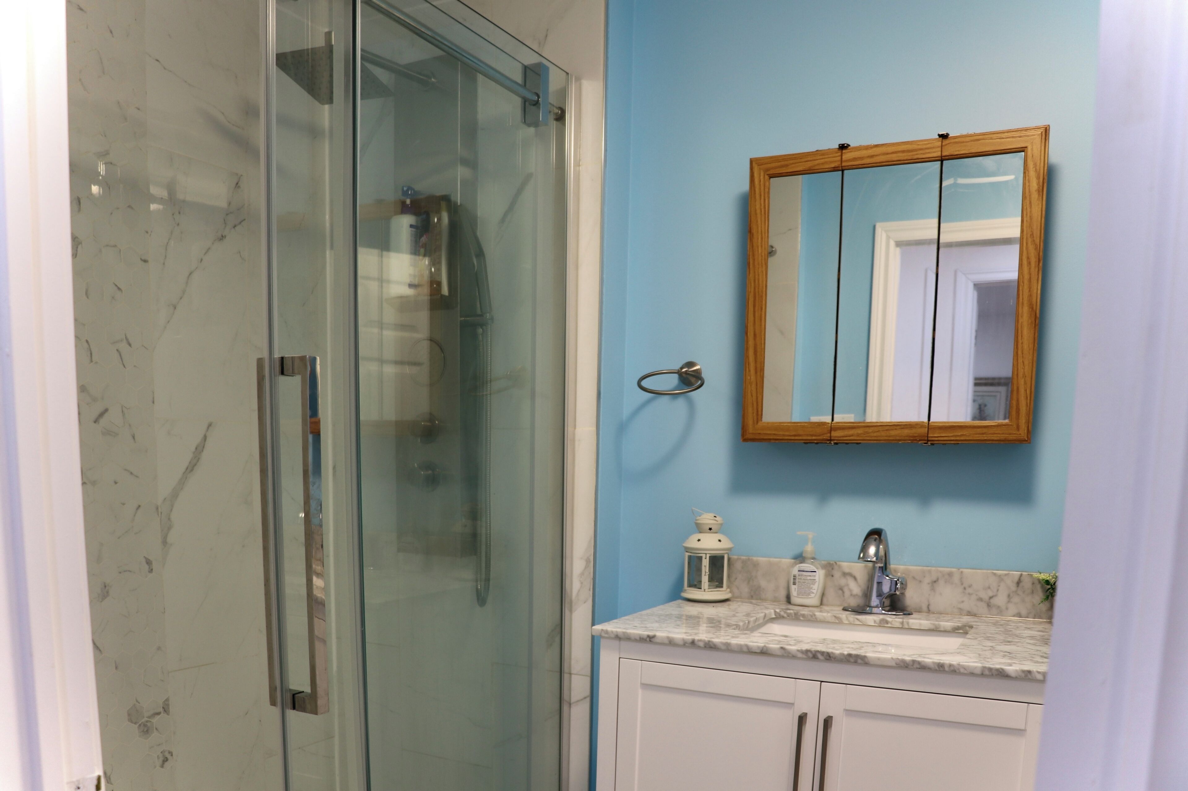 Hair dryer, towels, soap, toilet paper