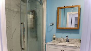 Hair dryer, towels, soap, toilet paper