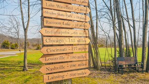 A wooden signpost with directional arrows pointing to various destinations and their distances in miles.