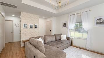 Smart TV, fireplace, books, stereo