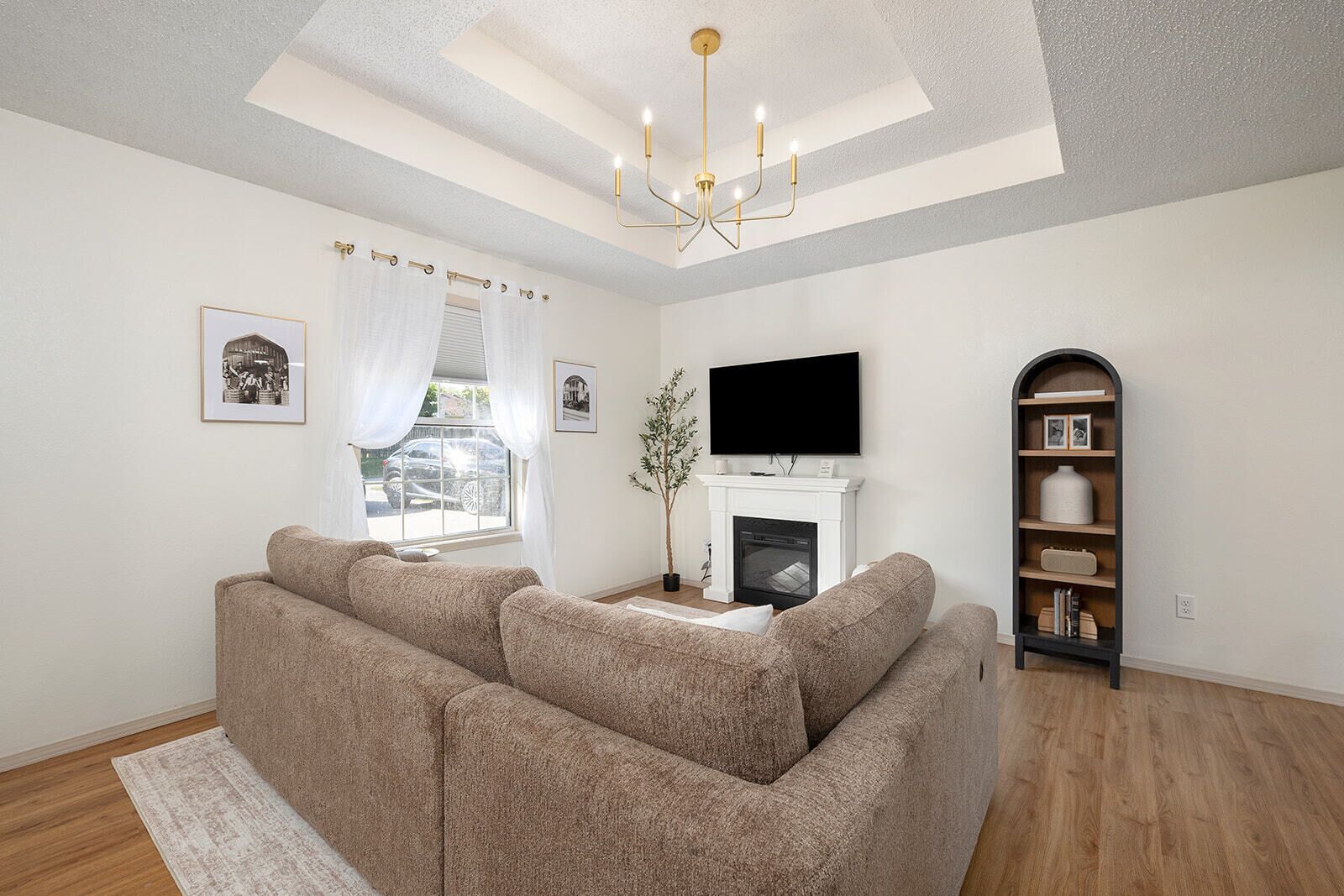 Smart TV, fireplace, books, stereo