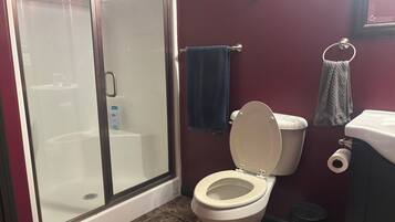 Shower, towels, soap, toilet paper