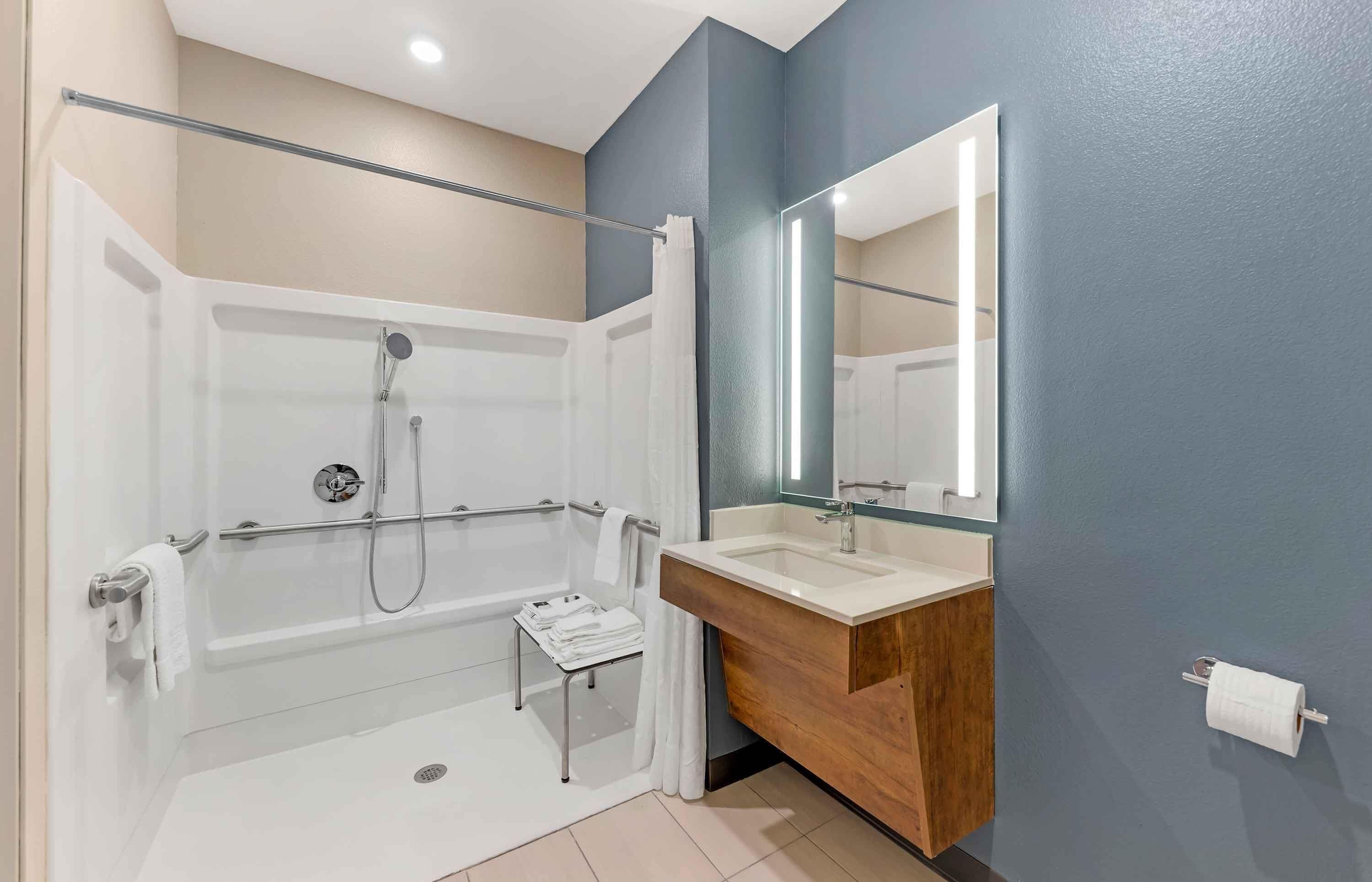 A modern bathroom with a walk-in shower, a vanity with a mirror, and a toilet.