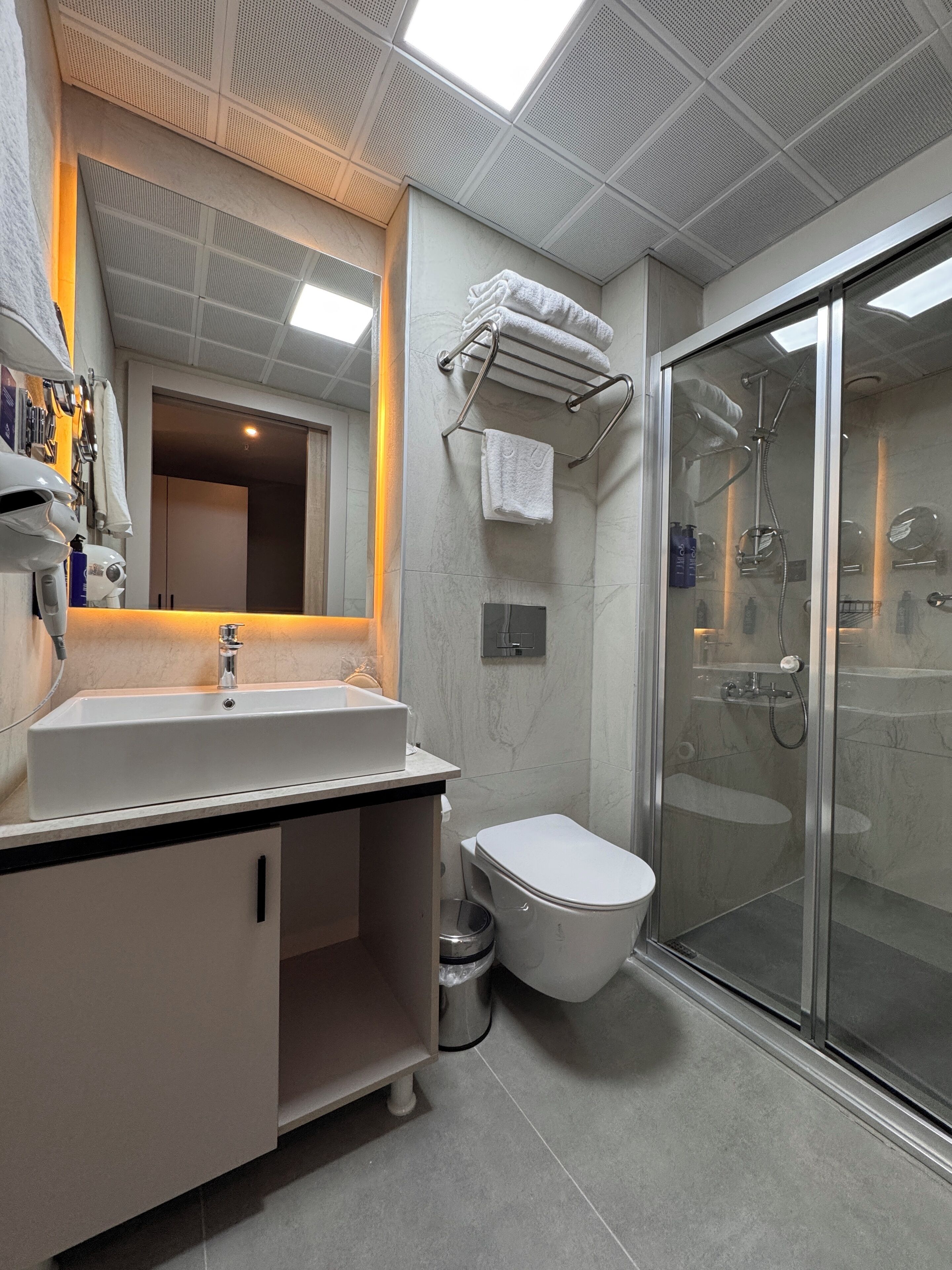 A modern bathroom with a large mirror, a white sink, a toilet, and a glass-enclosed shower area.