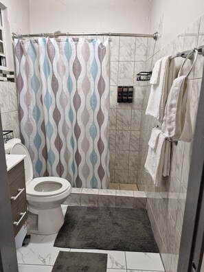 Dusche, Haartrockner, Handtücher, Seife