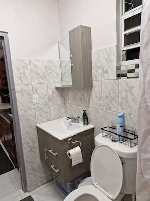 Dusche, Haartrockner, Handtücher, Seife