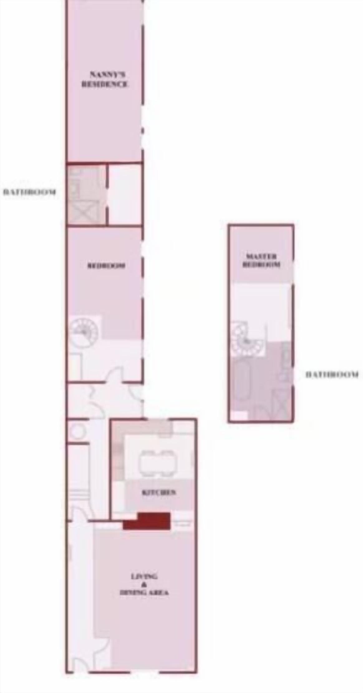A floor plan of a hotel with a master bedroom, bathroom, living area, and kitchen.