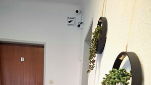 En hall med en trädörr, en väggmonterad övervakningskamera och en hängande växt.