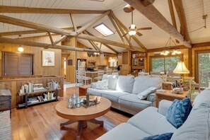 Televisio, takka, kirjoja, videokirjasto