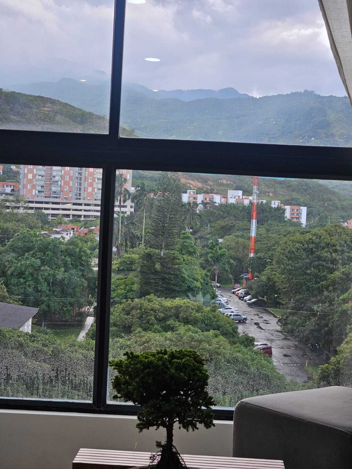 Une vue depuis une fenêtre donnant sur un parking bordé d’arbres et entouré de bâtiments, dont une haute structure rouge.