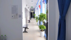 A corridor with benches, potted plants, and a blue curtain. - SHARE Hostel & Coffee (Hue)