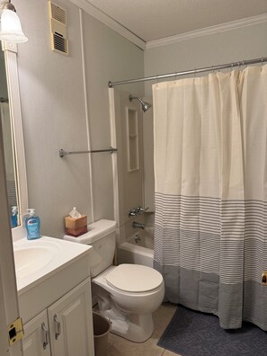 A bathroom with a toilet, sink, mirror, shower, and striped shower curtain. - Recent Refresh! beautiful 3 BR a 5 minute walk from Village & lifts Summit 305C (Snowshoe)