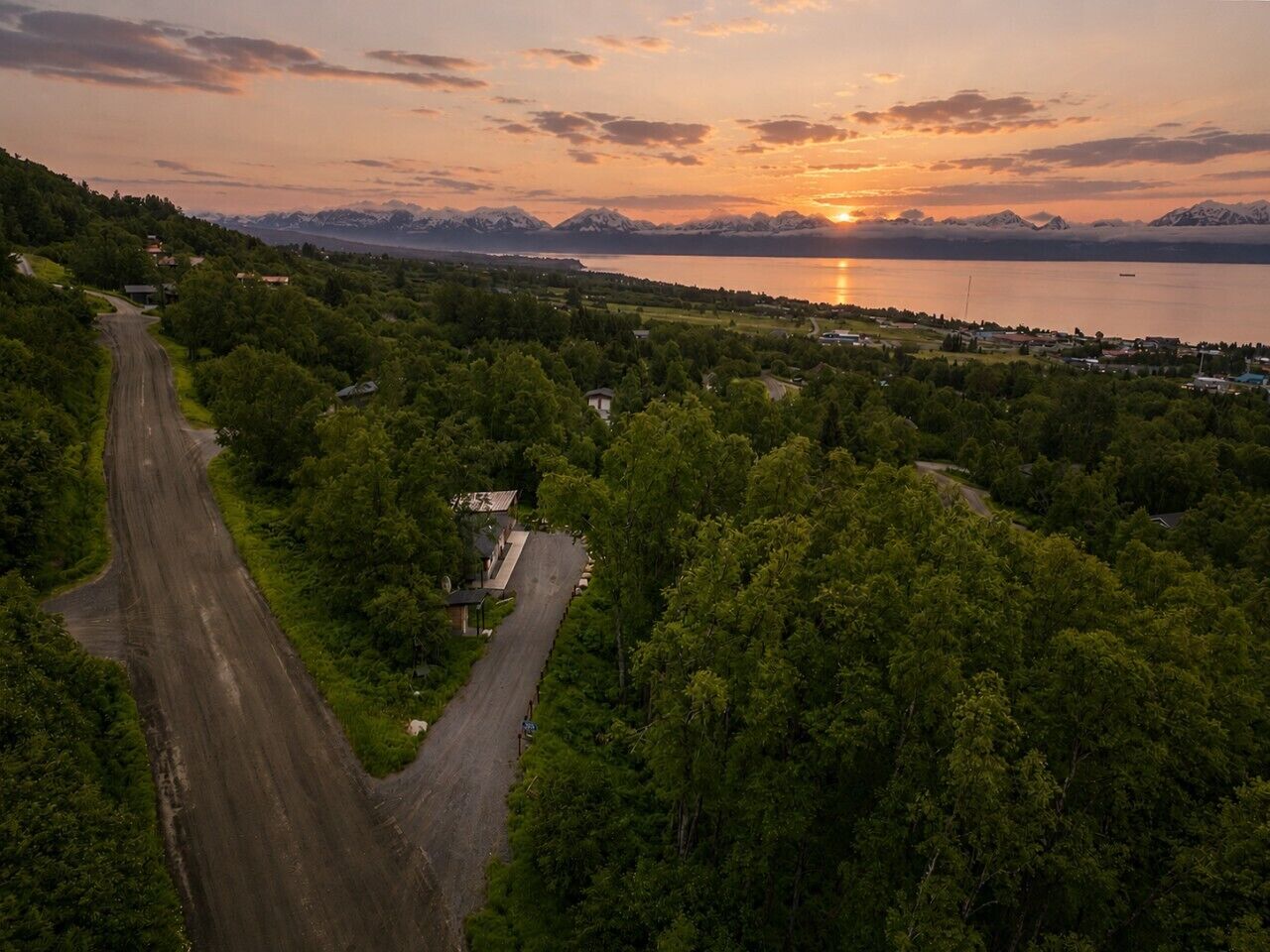 A winding road through a forested area with a view of a lake and mountains in the distance.