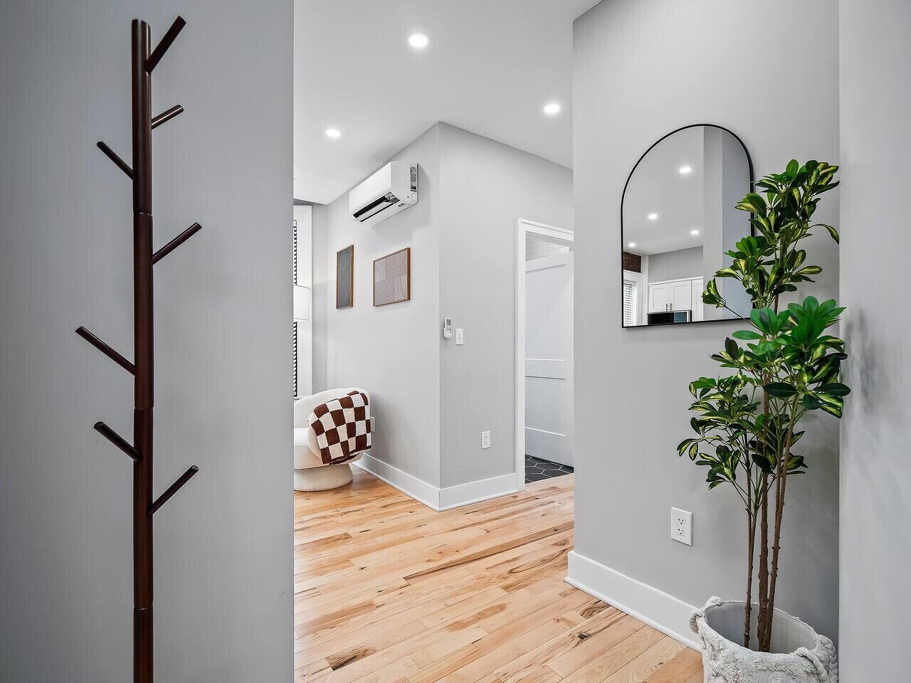 A hallway with a coat rack, a potted plant, and a mirror on the wall.