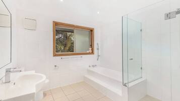 Shower, towels, soap, toilet paper