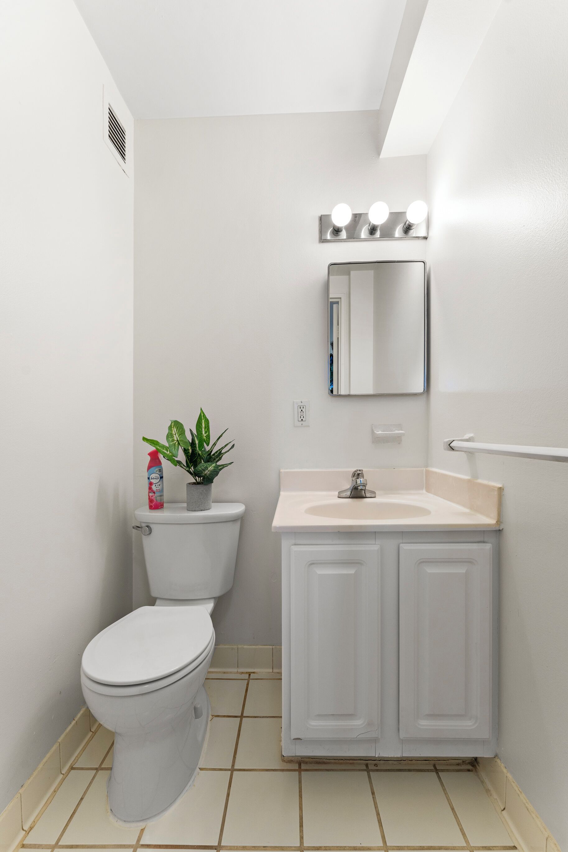 A bathroom with a toilet, sink, mirror, and a potted plant on the toilet.