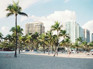 Una playa con palmeras y edificios altos al fondo.