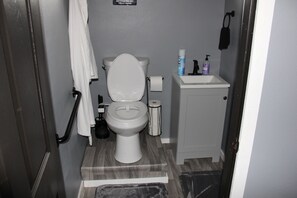 Shower, towels, soap, toilet paper