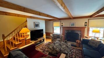 TV, fireplace, books, printers