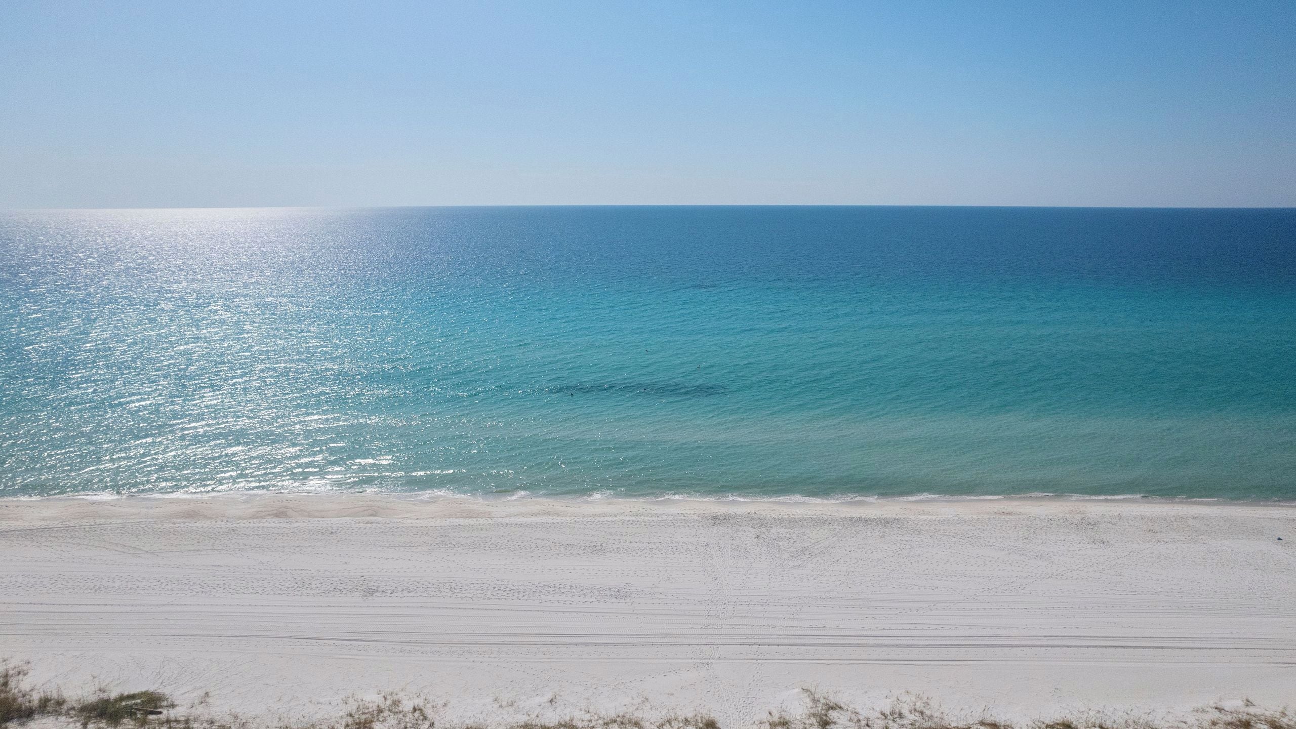 A beach with a clear sky and calm sea.