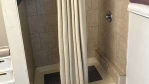 A shower area with beige tiles, a showerhead, and a curtain. - Detroit Studio Loft Cozc Private Entry (Detroit)
