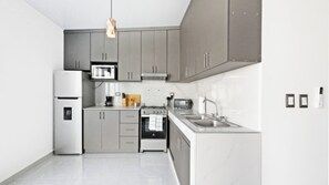 Fridge, microwave, oven, stovetop