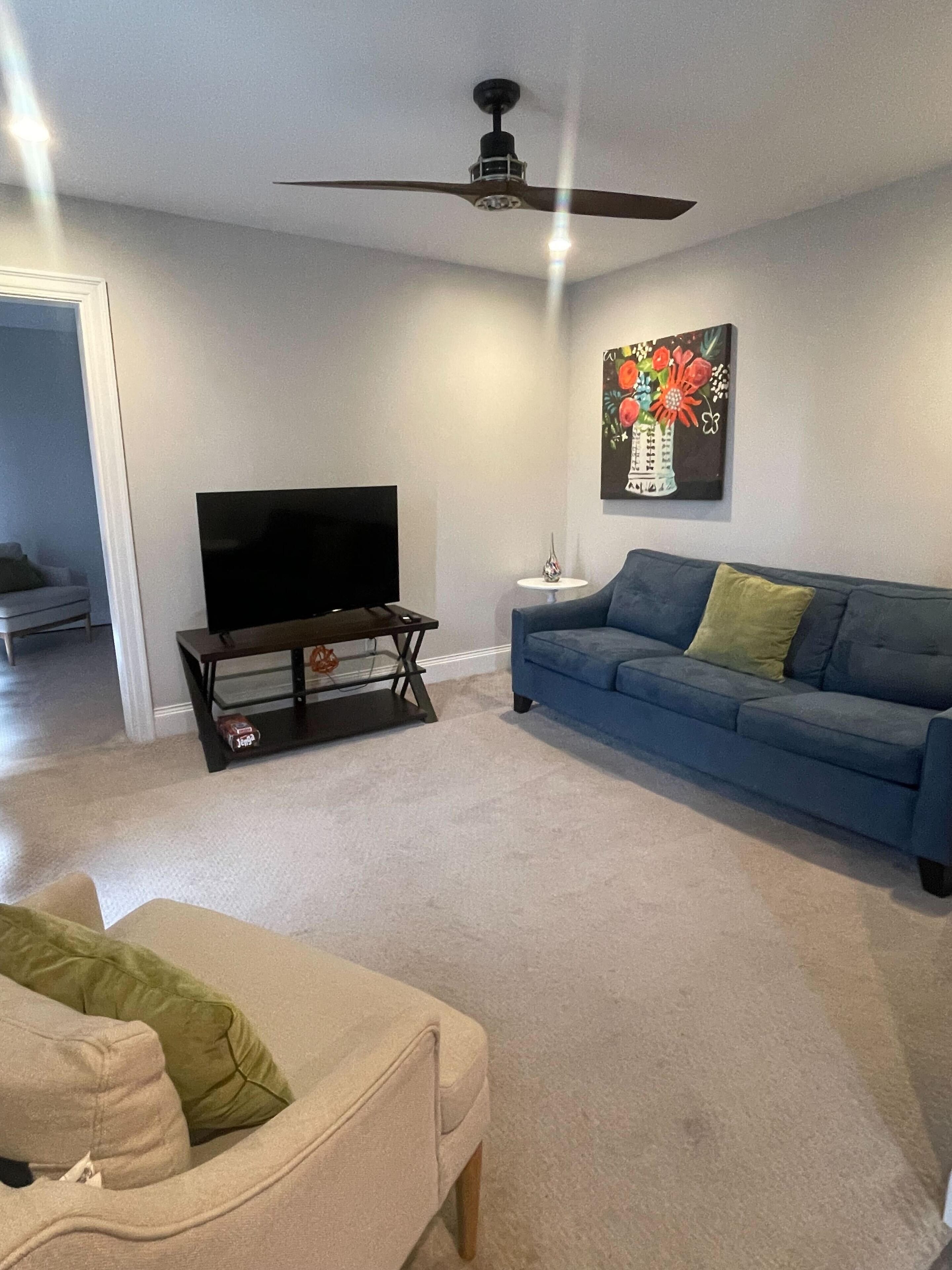 A living room with a television, a blue sofa, a beige armchair, a ceiling fan, and a painting on the wall.