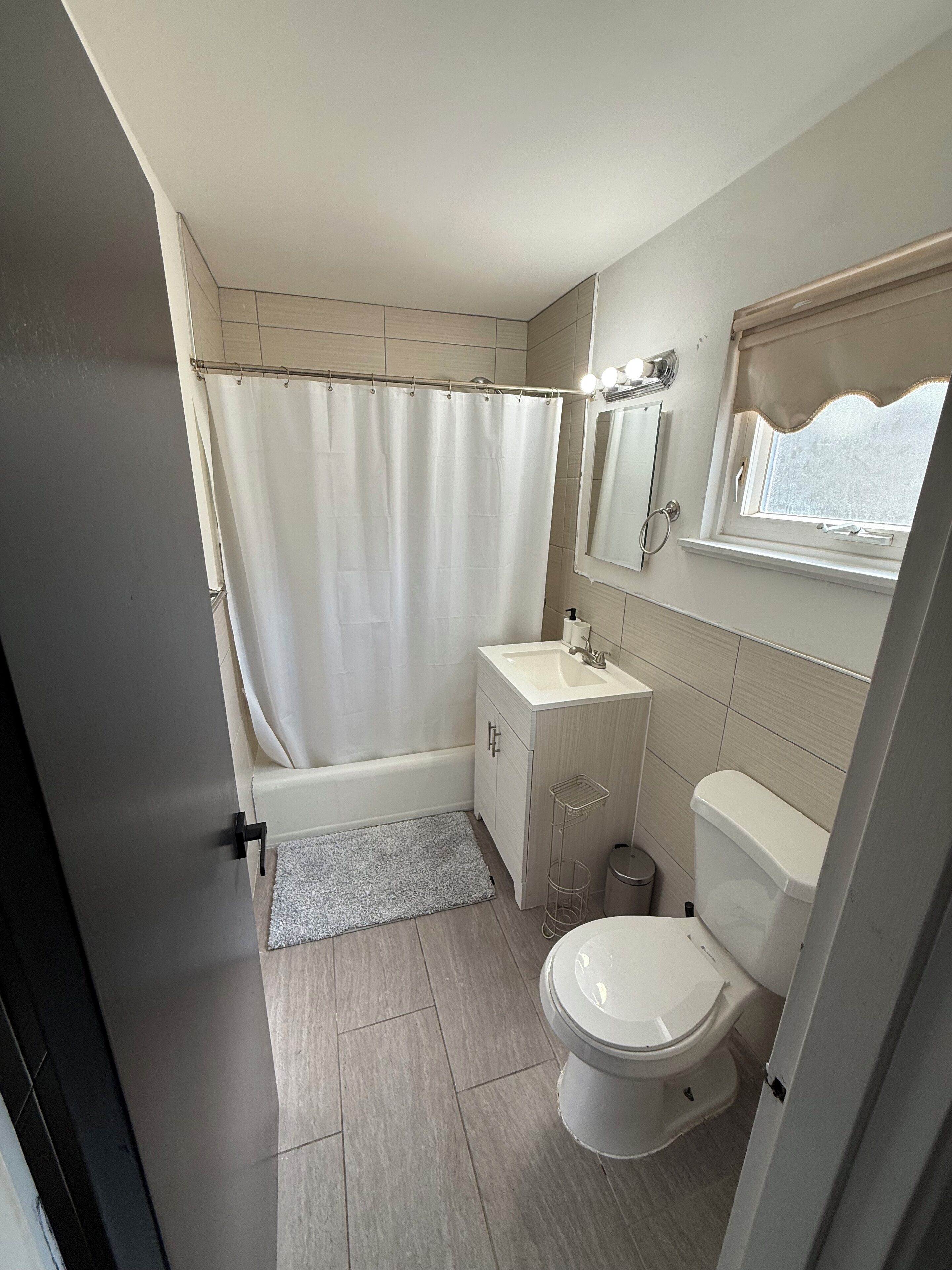 Hair dryer, towels, soap, toilet paper