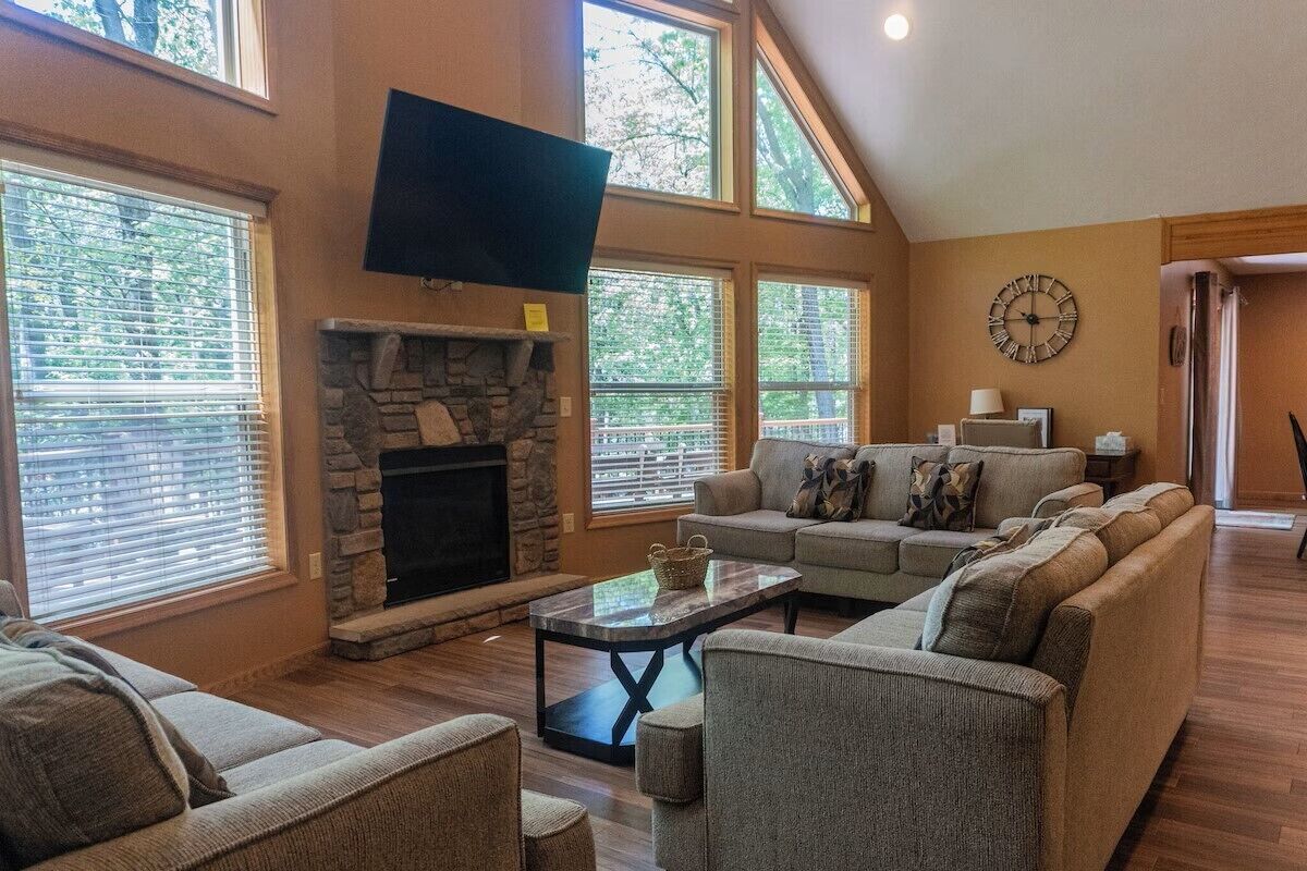 Smart TV, fireplace, foosball
