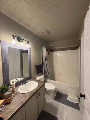 Une salle de bain avec un meuble-lavabo à deux vasques, un grand miroir, une douche avec une porte en verre et un petit marchepied.