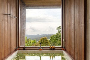 One Bedroom Luxury Serenity Cabin | Bathroom | Separate tub and shower, towels, soap, shampoo