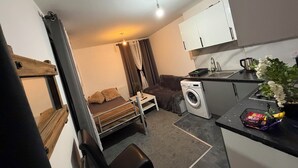 Ein kompakter Wohnraum mit Bett, Waschmaschine, Küchenzeile und einer kleinen Sitzecke.
