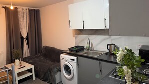 Ein kompakter Wohnbereich mit Waschmaschine, einem kleinen Tisch mit Pflanze, einer Couch und einer Küchenzeile mit Schränken und Spüle.