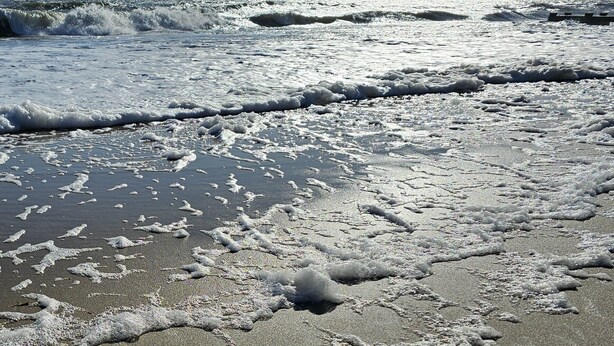 A beach with waves and foam on the sand. - Luxury Shoal Harbor Retreat – Walk to Beach + Pool (Rehoboth Beach)