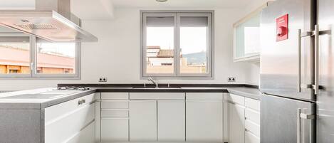 Fridge, microwave, oven, stovetop