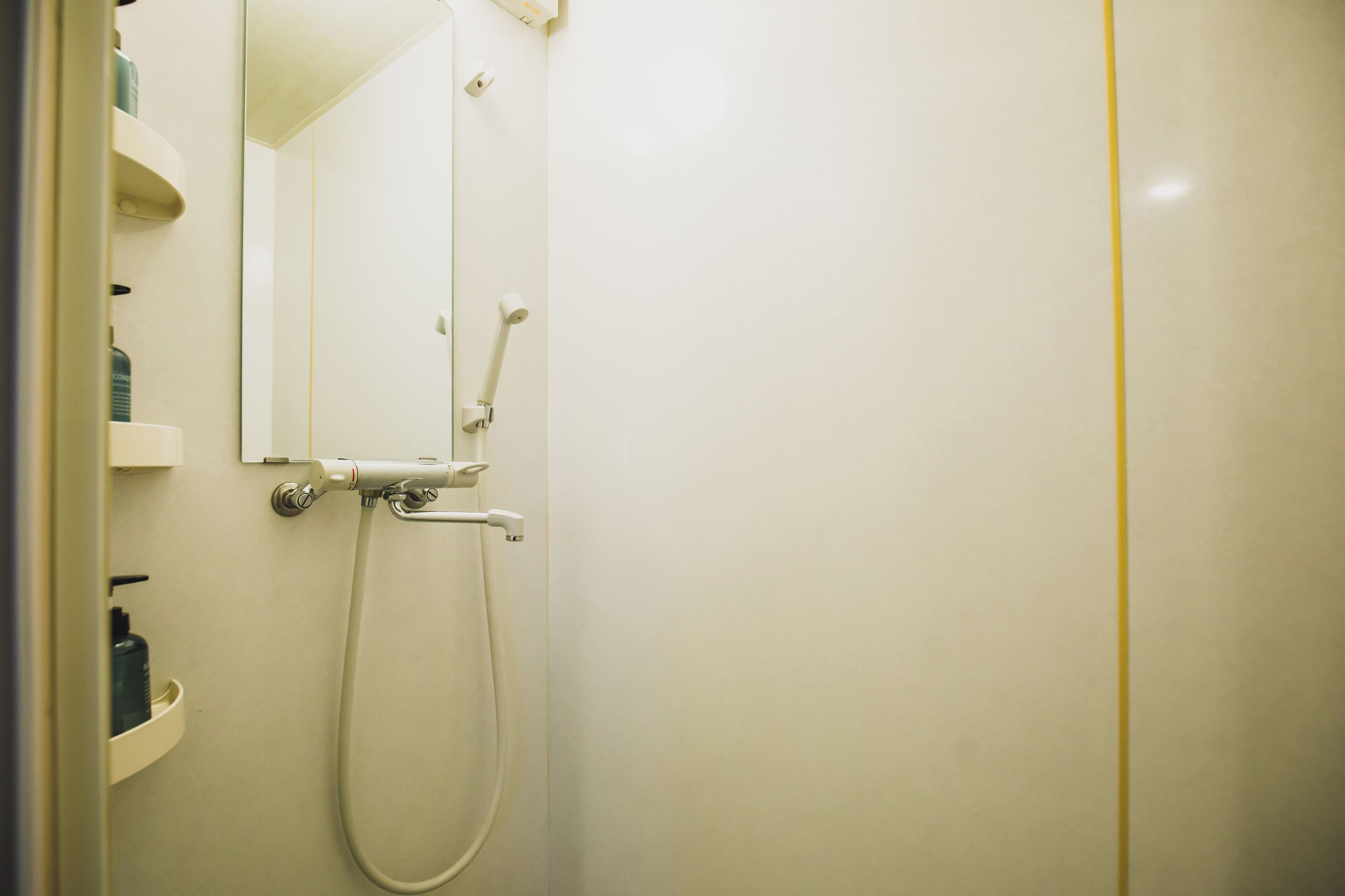 Et badeværelse med bruser, spejl og en hylde med toiletartikler.