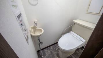 A small bathroom with a toilet, sink, and a mirror on the wall.