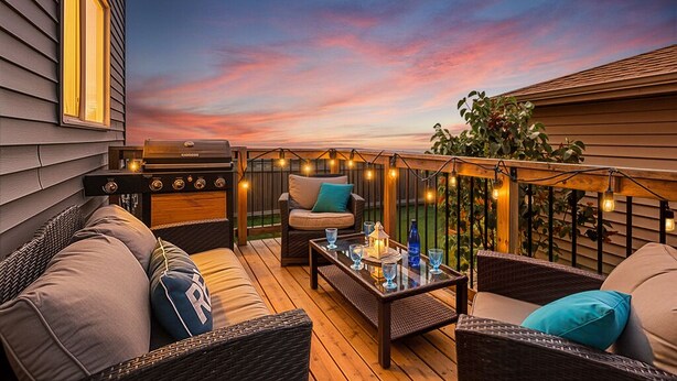 An outdoor deck with wicker furniture, a grill, string lights, and a sunset view. - Family-Friendly Jungle Themed Home with Hot Tub, AC, and Tree Bunks. (Edmonton)