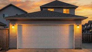 A single-story house with a garage, a sloped roof, and a wooden fence. - Family-Friendly Jungle Themed Home with Hot Tub, AC, and Tree Bunks. (Edmonton)