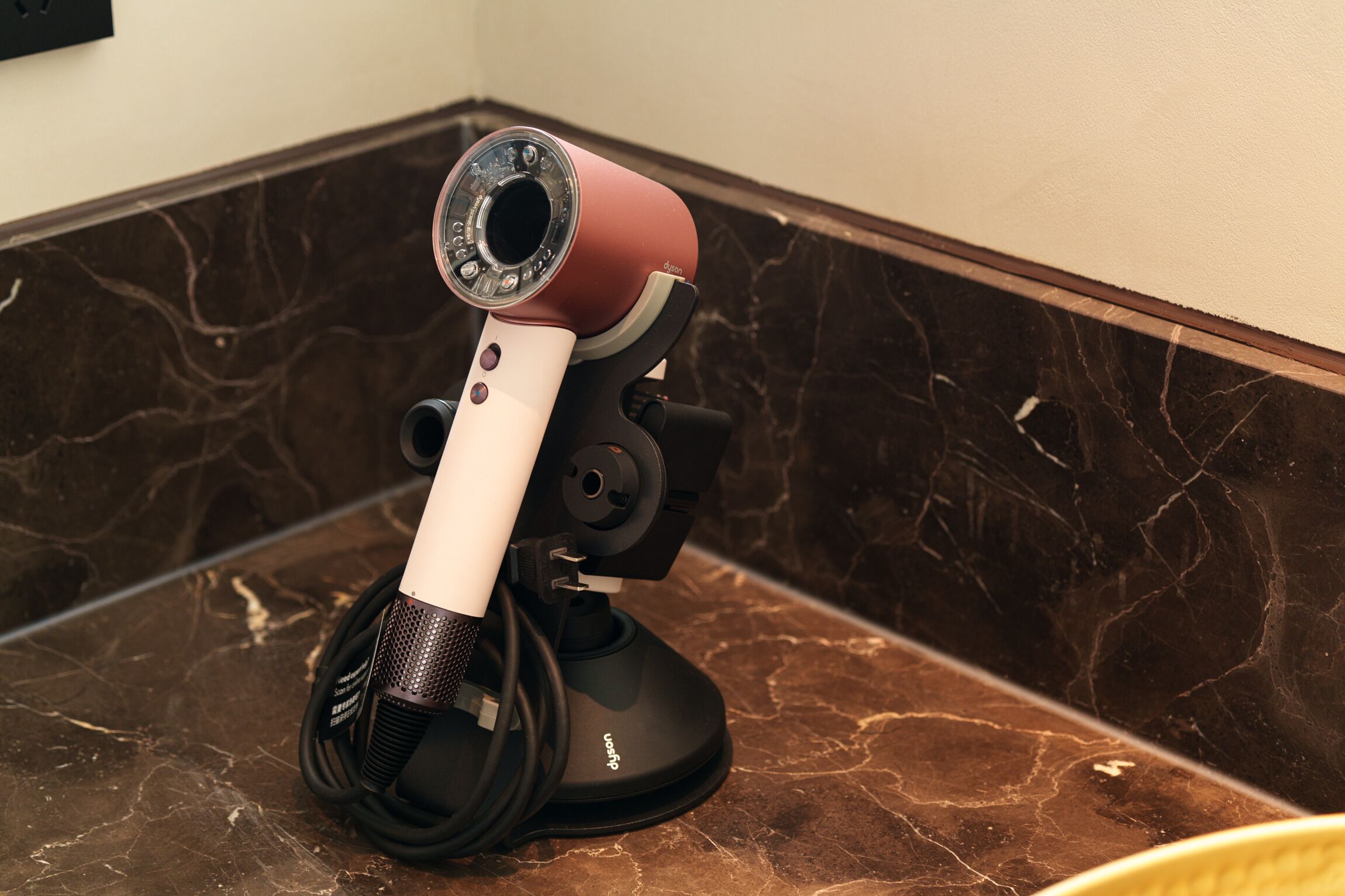 A webcam on a marble countertop.