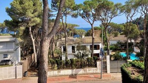 A coastal residential area with houses, trees, and a clear sky.
