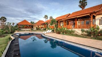 2 outdoor pools, open 7:00 AM to 8:00 PM, pool loungers