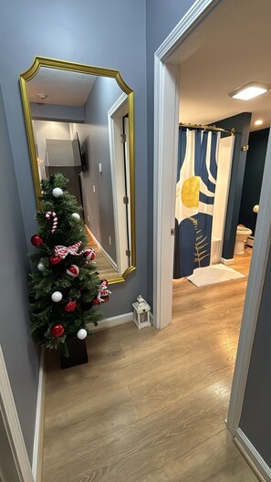 Hair dryer, towels, soap, toilet paper